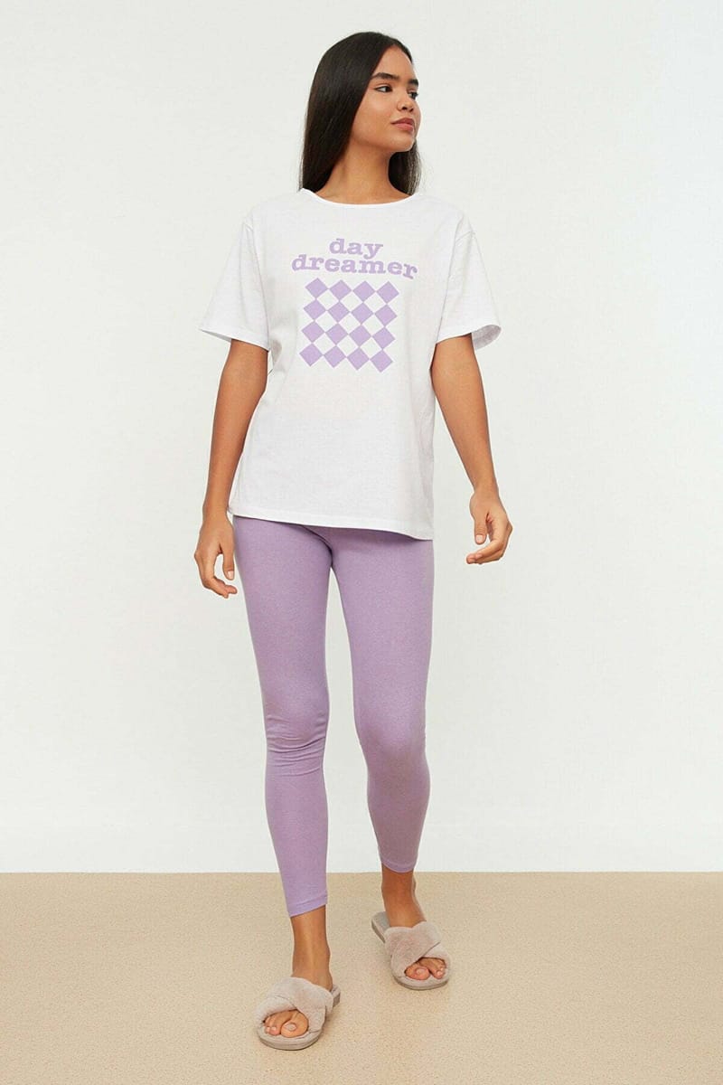 White Front Print Crew Neck T-Shirt And Pants Pyjama Women's Set White Front Print Crew Neck T-Shirt And Pants Pyjama Women's Set - Co-ord Sets 24