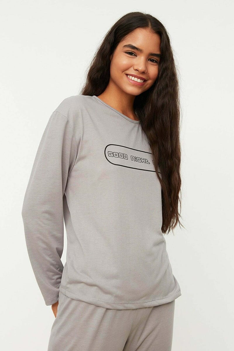 Grey Front Print Crew Neck T-Shirt And Pants Pyjama Women's Set - Co-ord Sets 26