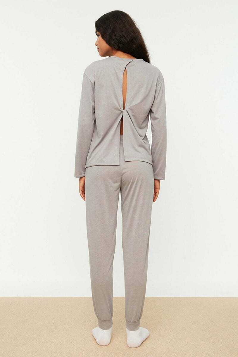 Grey Front Print Crew Neck T-Shirt And Pants Pyjama Women's Set - Co-ord Sets 29