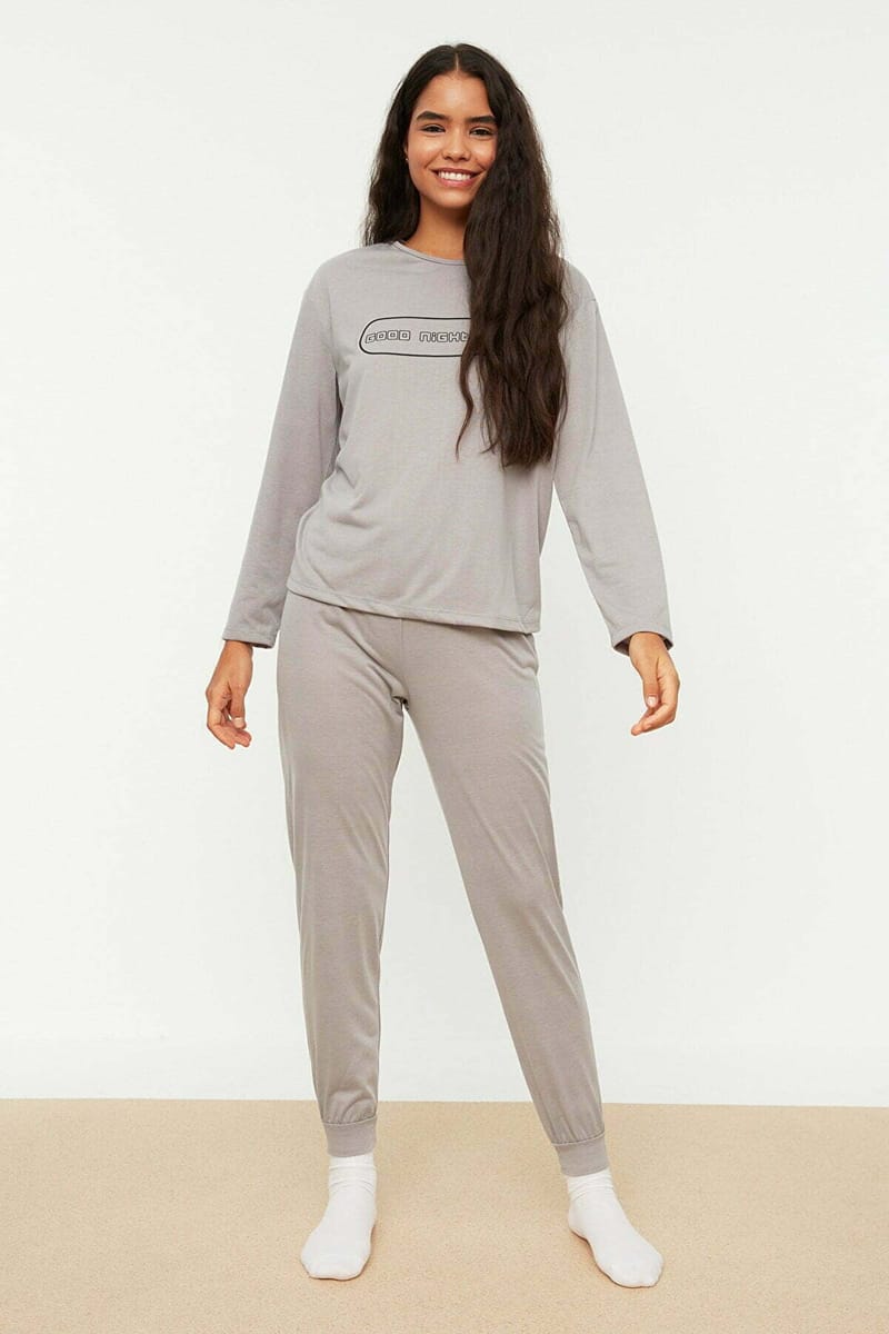 Grey Front Print Crew Neck T-Shirt And Pants Pyjama Women's Set - Co-ord Sets 24
