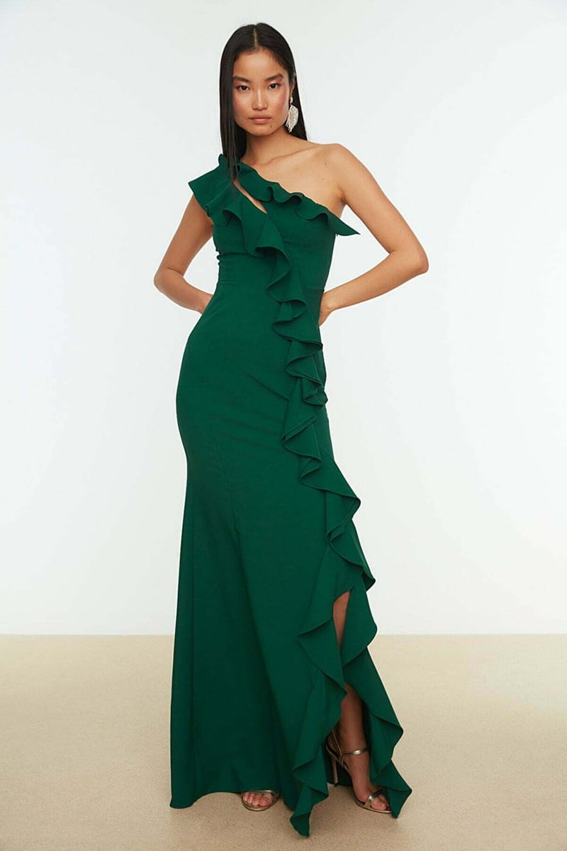 Emerald Green Ruffle Detail Asymmetric Neckline Women's Dress - Party Dresses 29