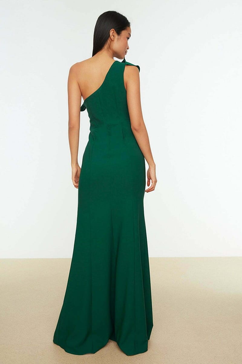 Emerald Green Ruffle Detail Asymmetric Neckline Women's Dress - Party Dresses 34