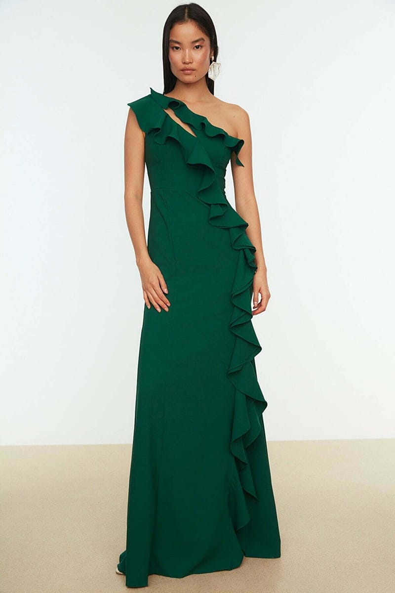 Emerald Green Ruffle Detail Asymmetric Neckline Women's Dress - Party Dresses 28
