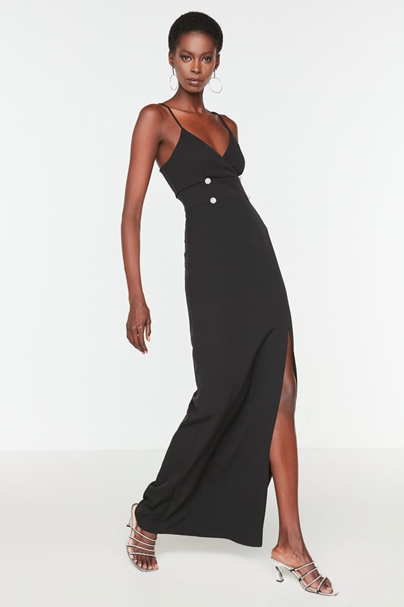 Black Spaghetti Strap Side Split Knitted Women's Dress - Party Dresses 16