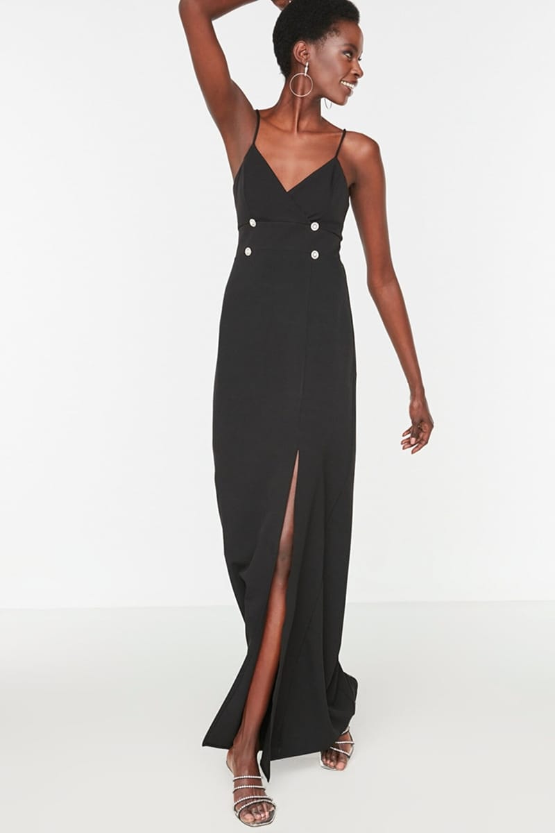 Black Spaghetti Strap Side Split Knitted Women's Dress - Party Dresses 17