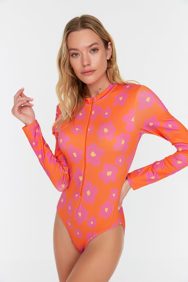 Orange One Piece Long Sleeve Zip Detail Floral Print Women's Swimsuit Orange One Piece Long Sleeve Zip Detail Floral Print Women's Swimsuit - One Piece 22