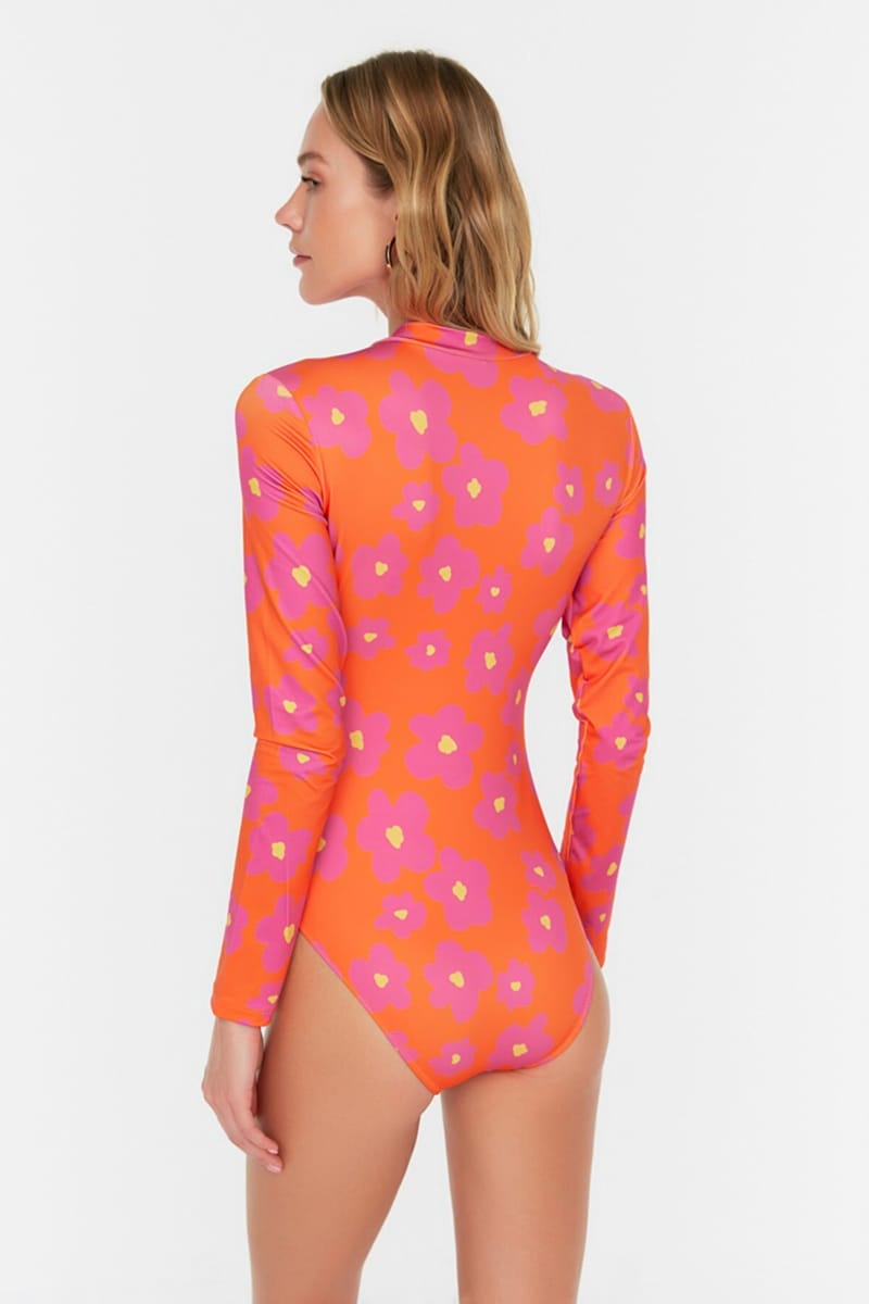 Orange One Piece Long Sleeve Zip Detail Floral Print Women's Swimsuit Orange One Piece Long Sleeve Zip Detail Floral Print Women's Swimsuit - One Piece 24