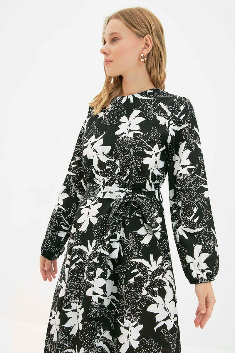 Crew Neck Balloon Sleeve Printed Dress Trendyol - Women's Party Dresses 16