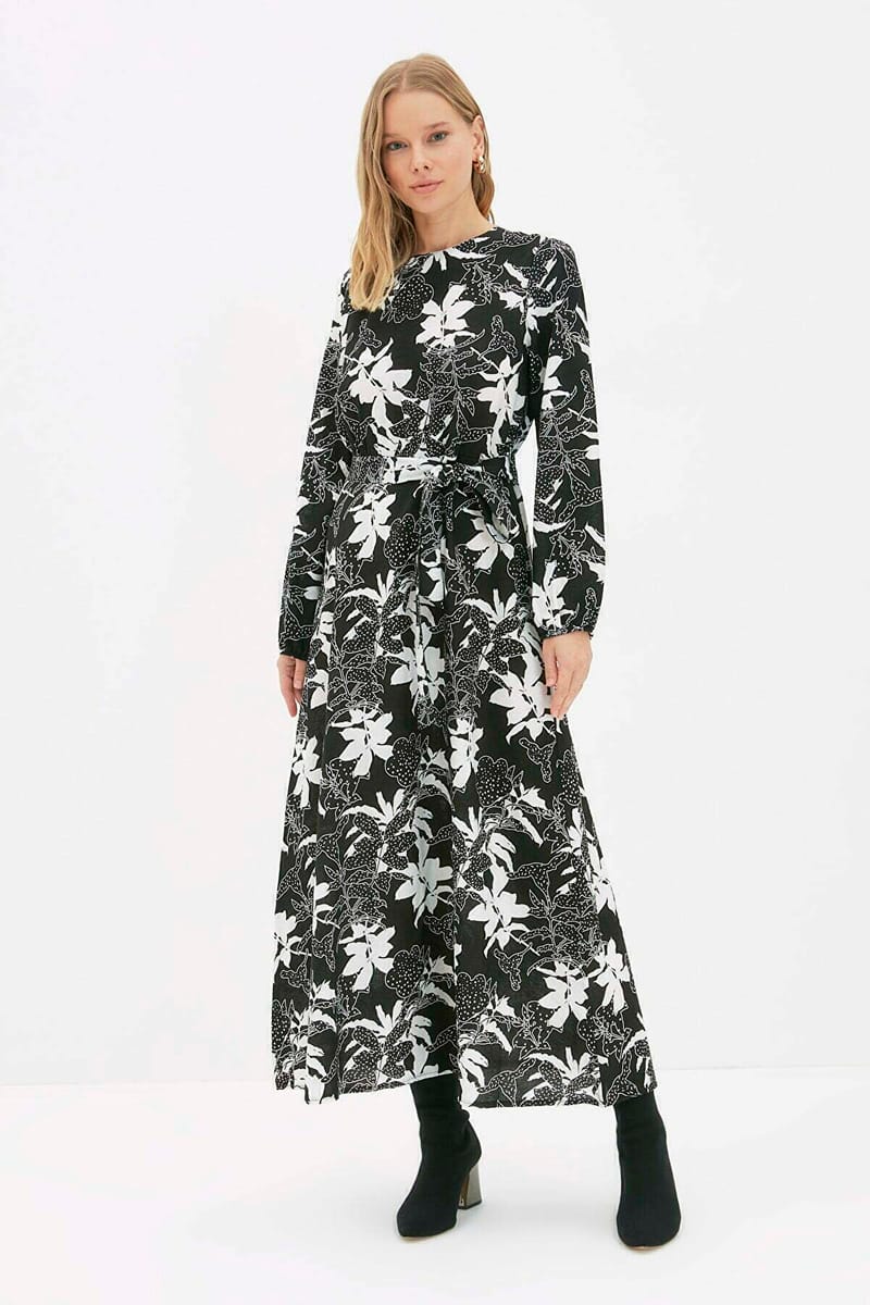 Crew Neck Balloon Sleeve Printed Dress Trendyol - Women's Party Dresses 17