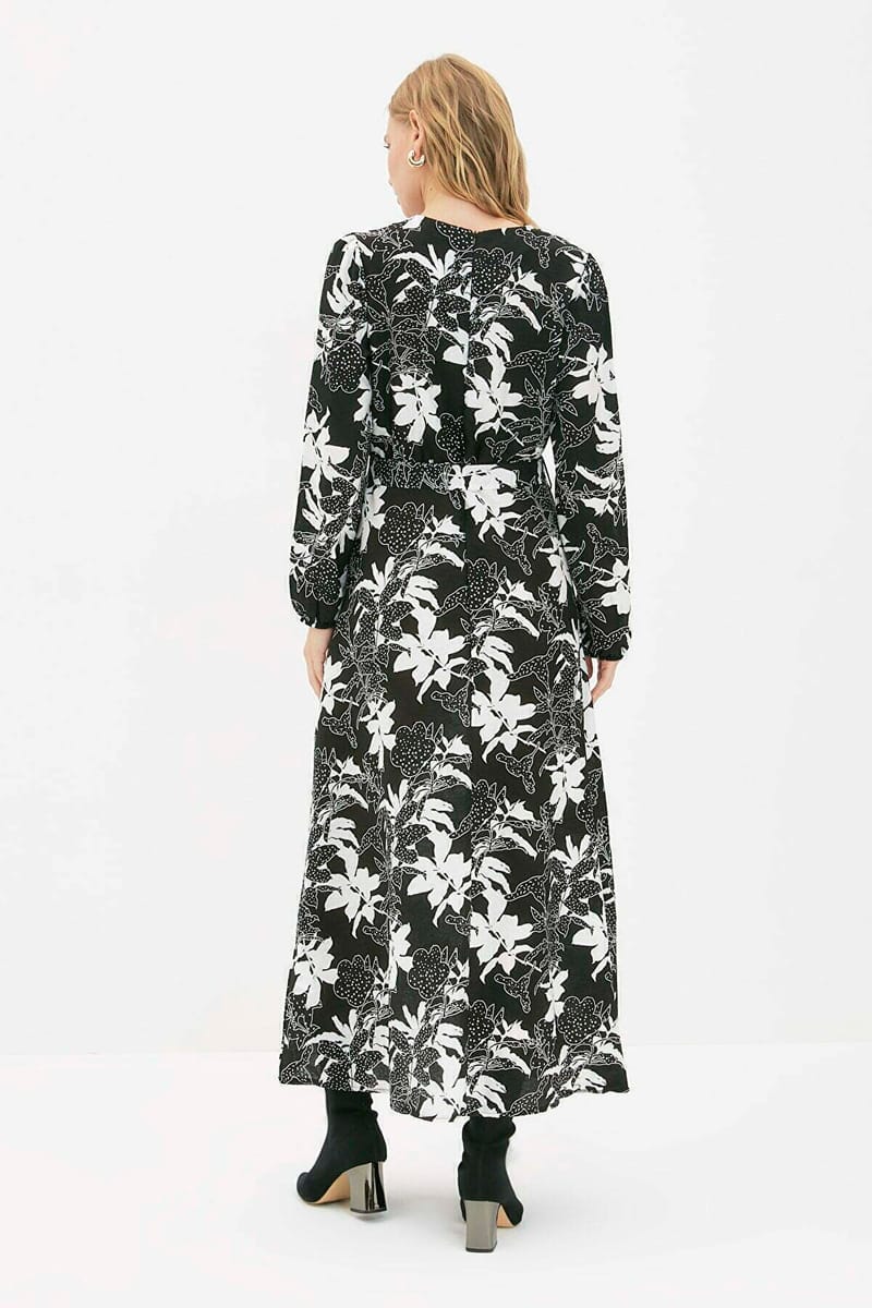 Crew Neck Balloon Sleeve Printed Dress Trendyol - Women's Party Dresses 19
