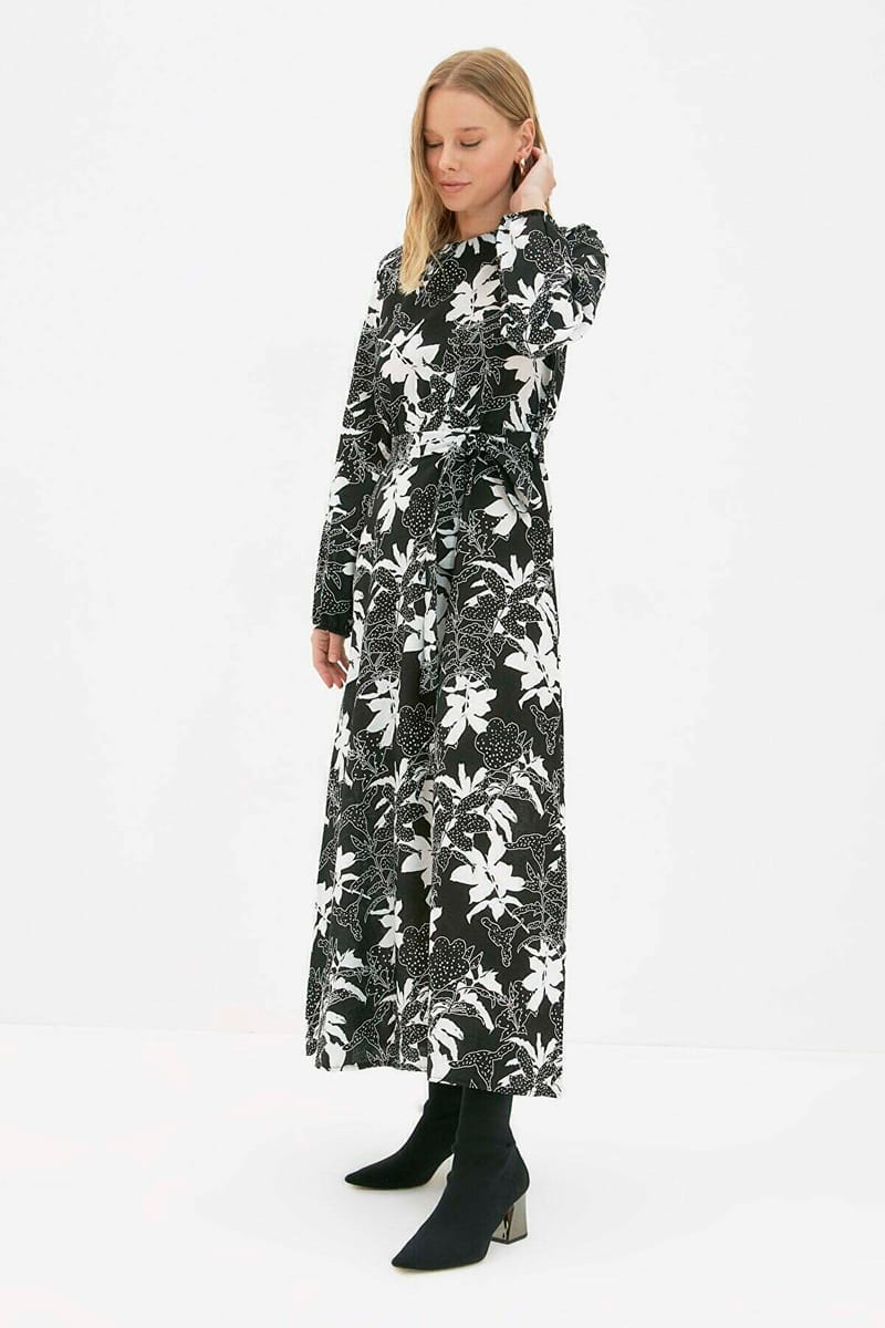 Crew Neck Balloon Sleeve Printed Dress Trendyol - Women's Party Dresses 15