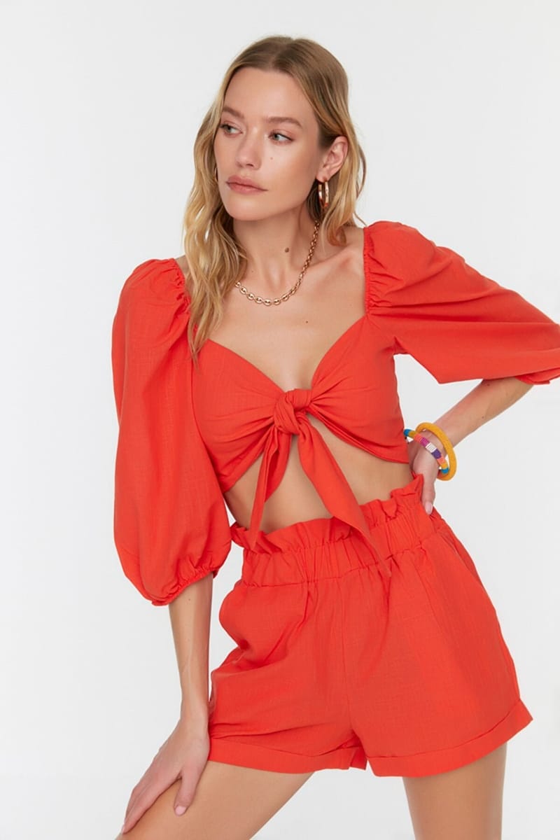 Balloon Sleeve Tie Detail Crop Top & Shorts Set