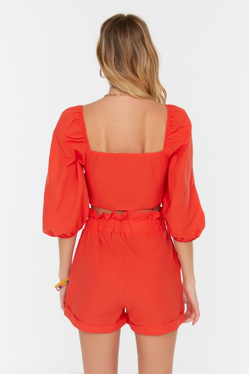 Balloon Sleeve Tie Detail Crop Top & Shorts Set