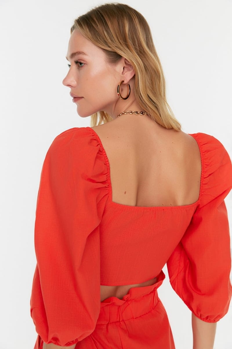 Balloon Sleeve Tie Detail Crop Top & Shorts Set