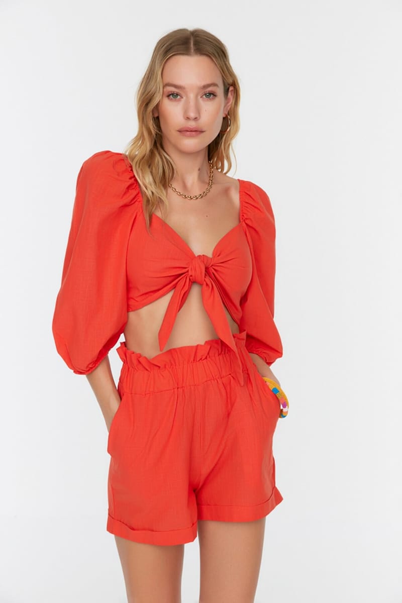 Balloon Sleeve Tie Detail Crop Top & Shorts Set