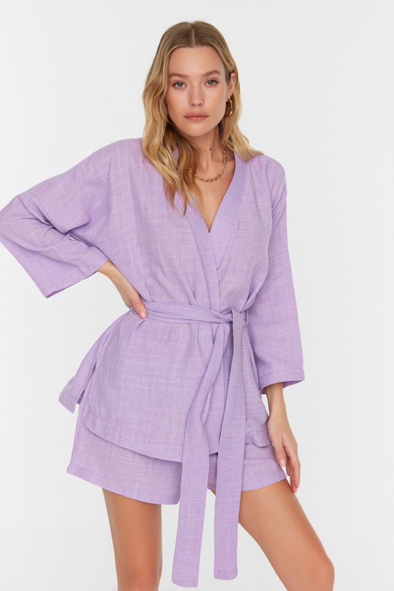 Tie Detail Kimono & Shorts Set