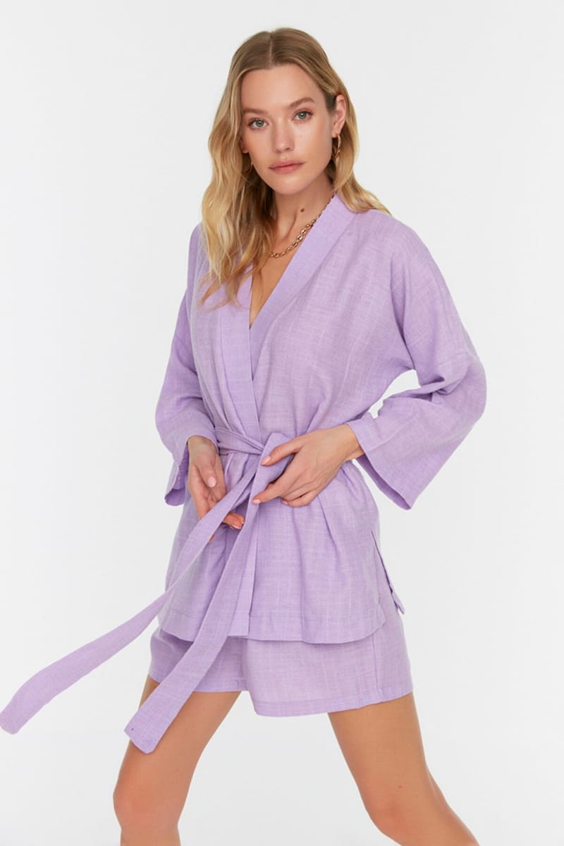 Tie Detail Kimono & Shorts Set