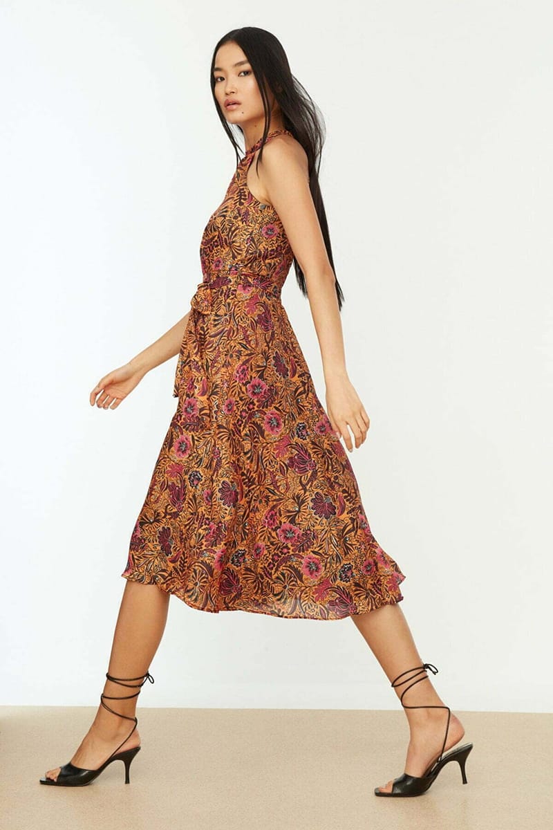 Orange Belt Floral Print Pleated Halter Neck Women's Dress - Midi Dresses 30