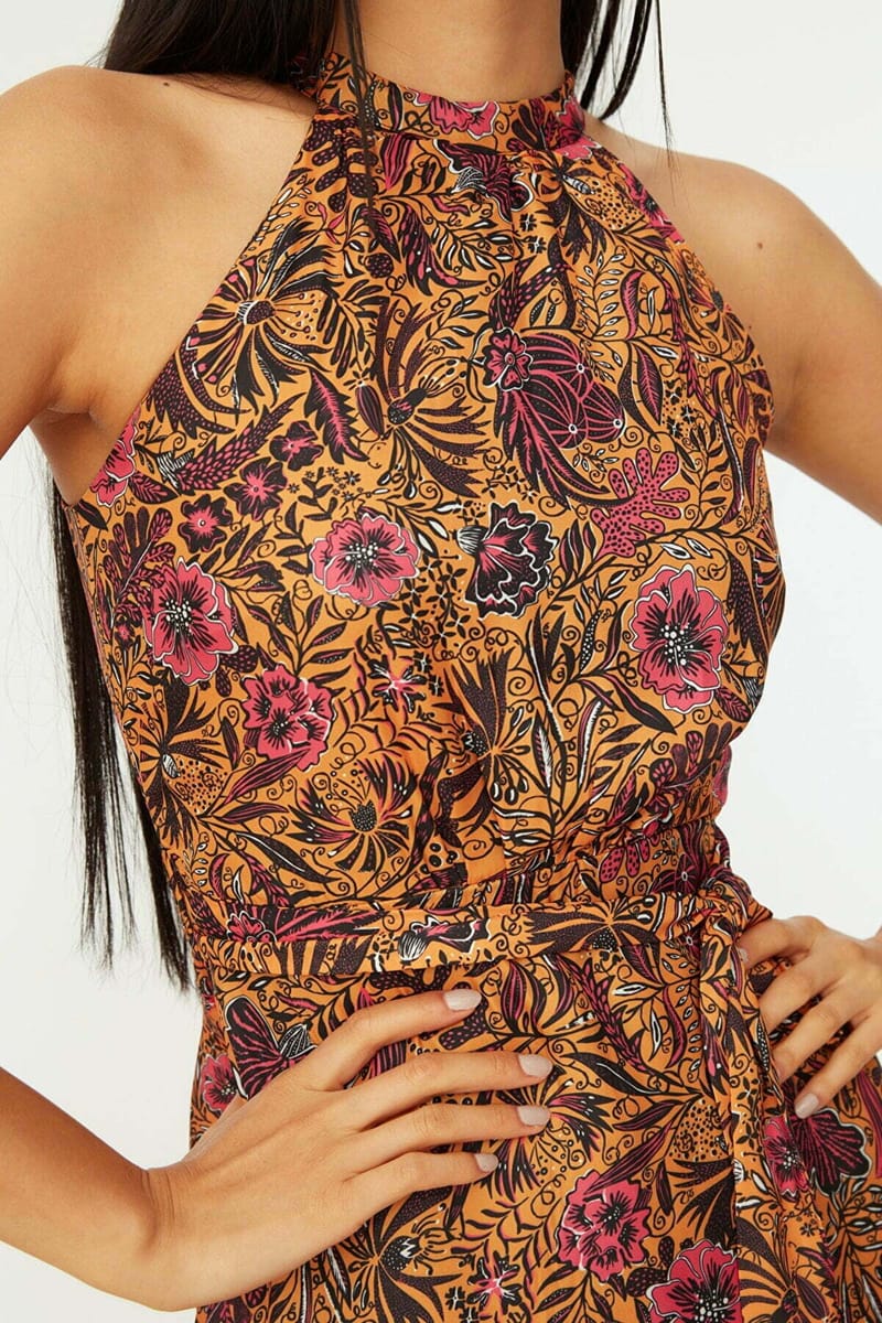 Orange Belt Floral Print Pleated Halter Neck Women's Dress - Midi Dresses 31