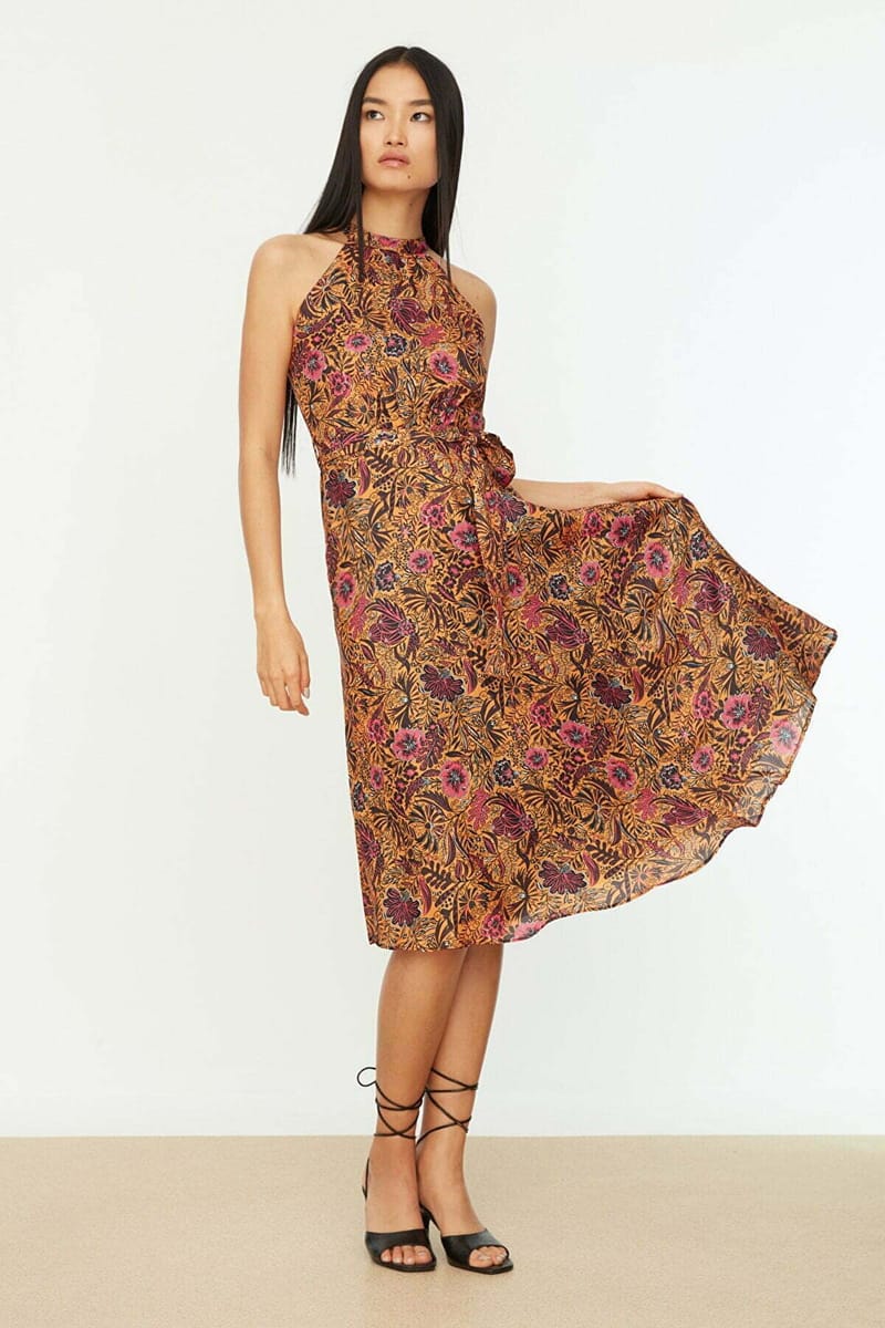 Orange Belt Floral Print Pleated Halter Neck Women's Dress - Midi Dresses 28