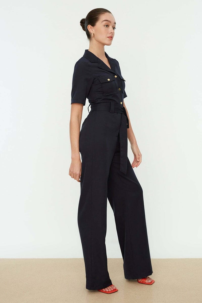 Straight-Cut Navy Blue Wide Leg Women's Jumpsuit - Jumpsuits 21