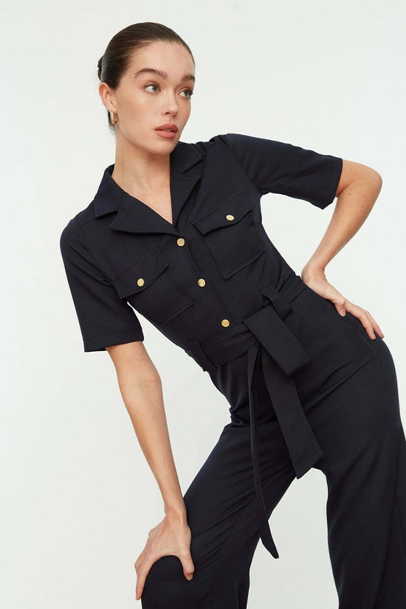 Straight-Cut Navy Blue Wide Leg Women's Jumpsuit - Jumpsuits 22