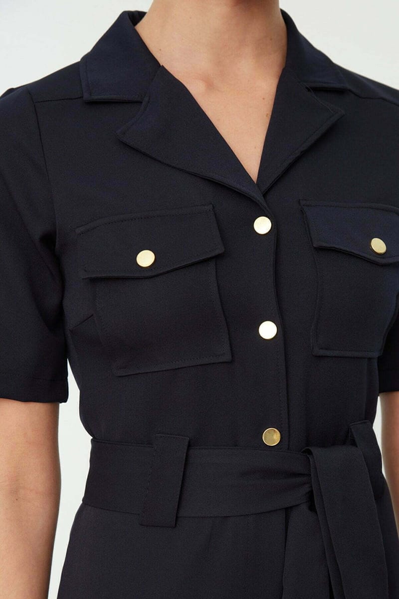 Straight-Cut Navy Blue Wide Leg Women's Jumpsuit - Jumpsuits 23