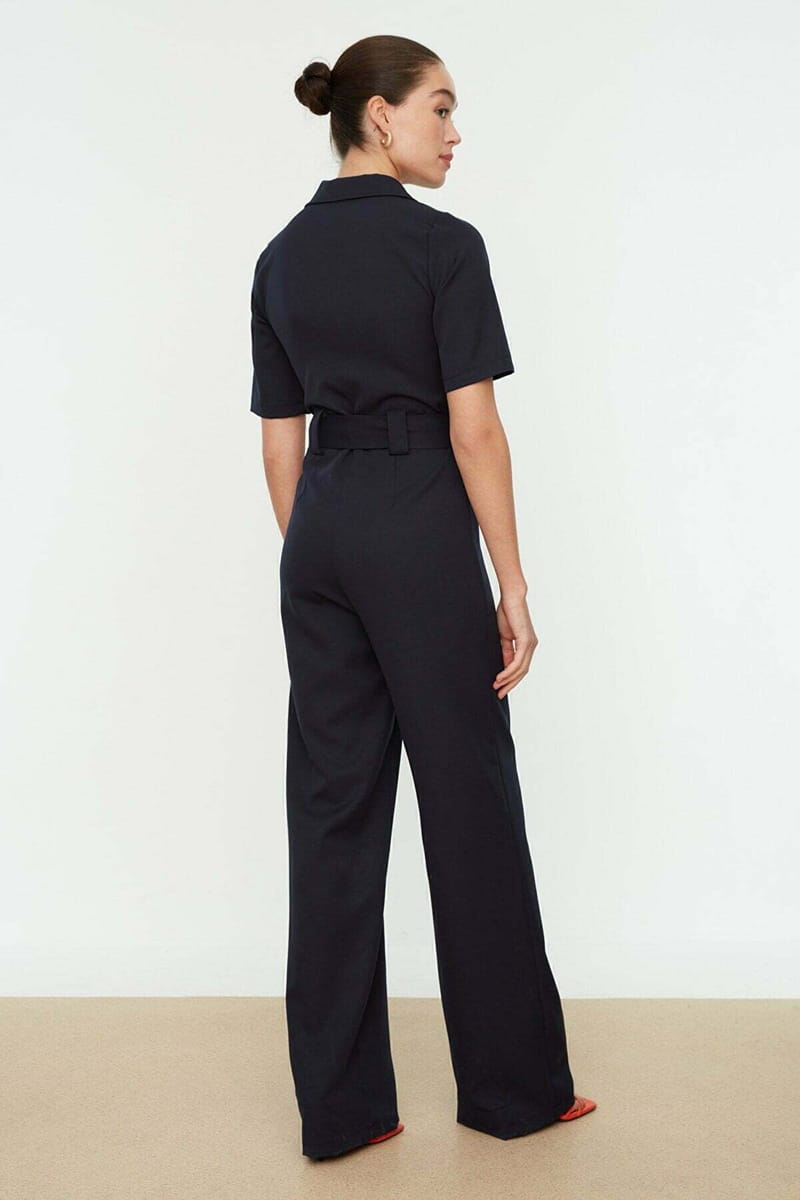 Straight-Cut Navy Blue Wide Leg Women's Jumpsuit - Jumpsuits 24