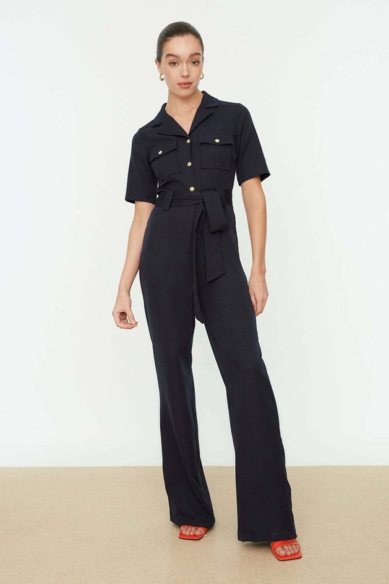 Straight-Cut Navy Blue Wide Leg Women's Jumpsuit - Jumpsuits 20