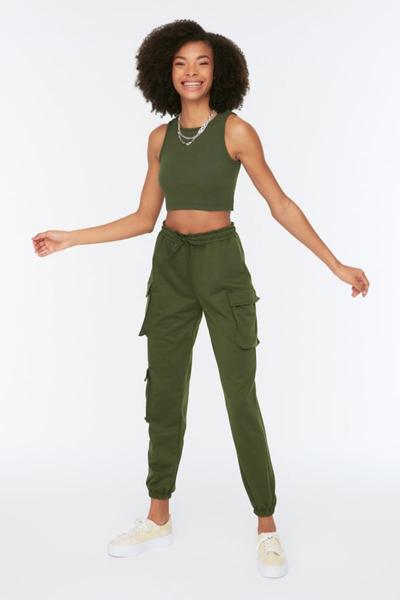 Navy Green Knitted Crop Top & Cargo Pants Women's Set - Co-ord Sets 17
