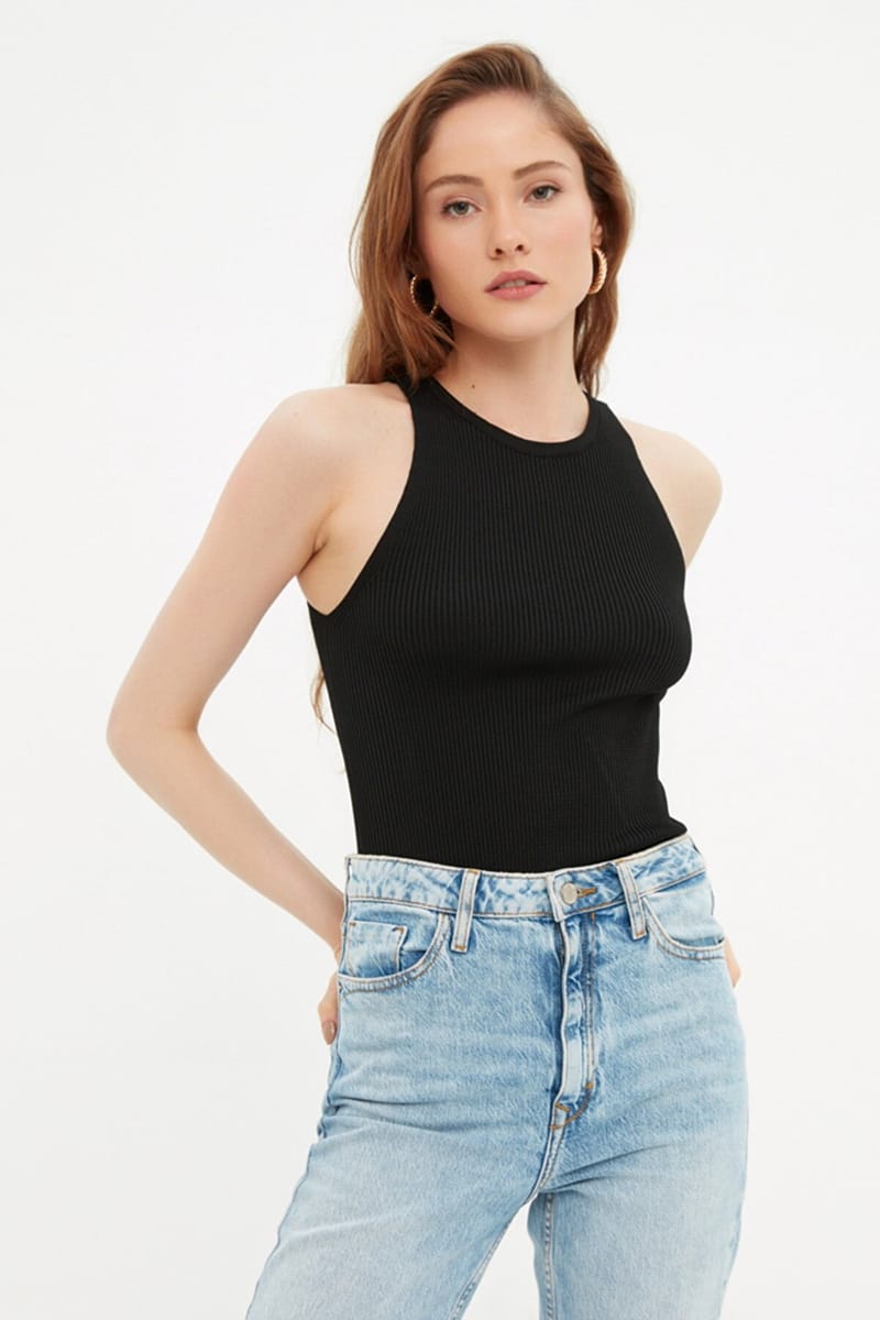 Black Crew Neck Sleeveless Ribbed Women's Top - Sleeveless Tops 20