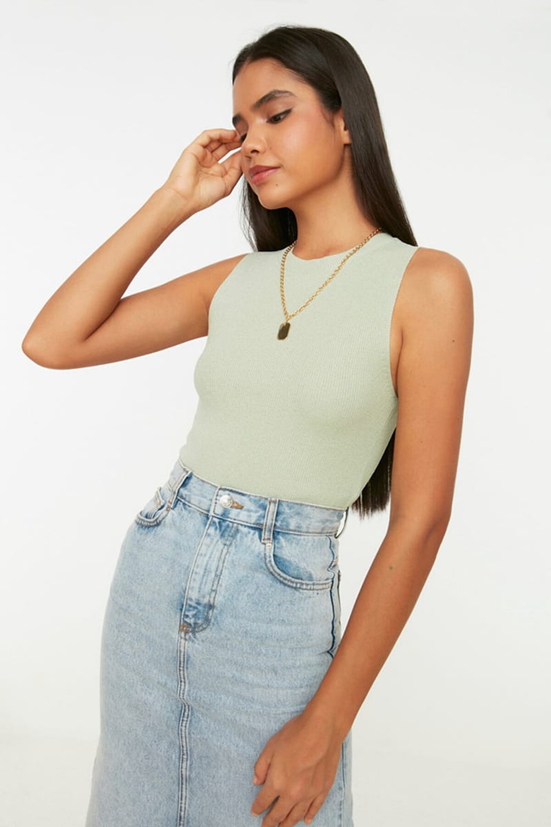Mint Crew Neck Sleeveless Ribbed Women's Top - Sleeveless Tops 17
