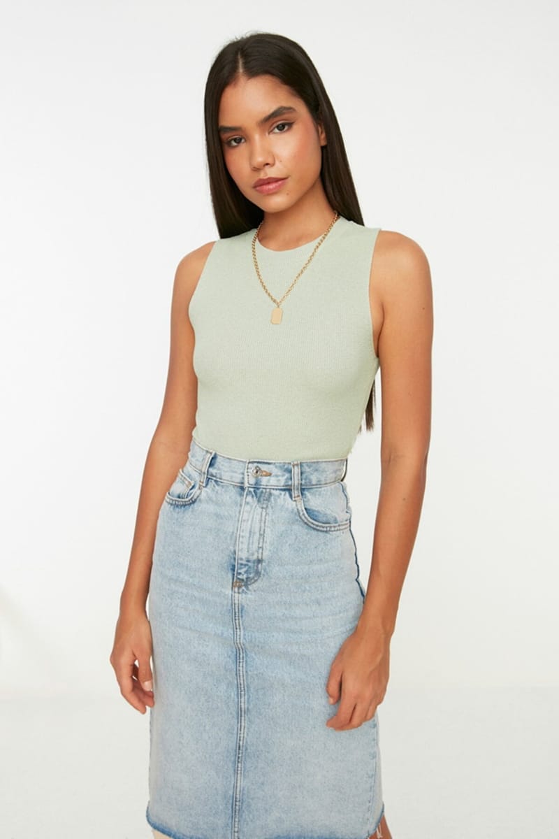 Mint Crew Neck Sleeveless Ribbed Women's Top - Sleeveless Tops 15