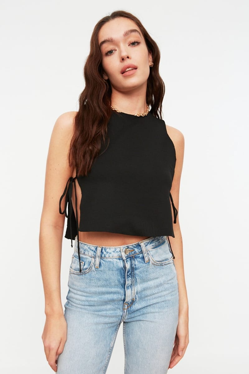 Black Tie Detail Knitted Women's Crop Top - Cropped Tops 16