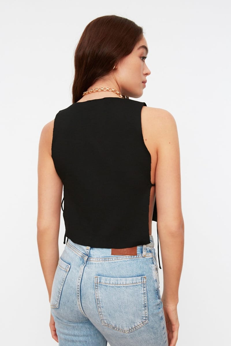 Black Tie Detail Knitted Women's Crop Top - Cropped Tops 19