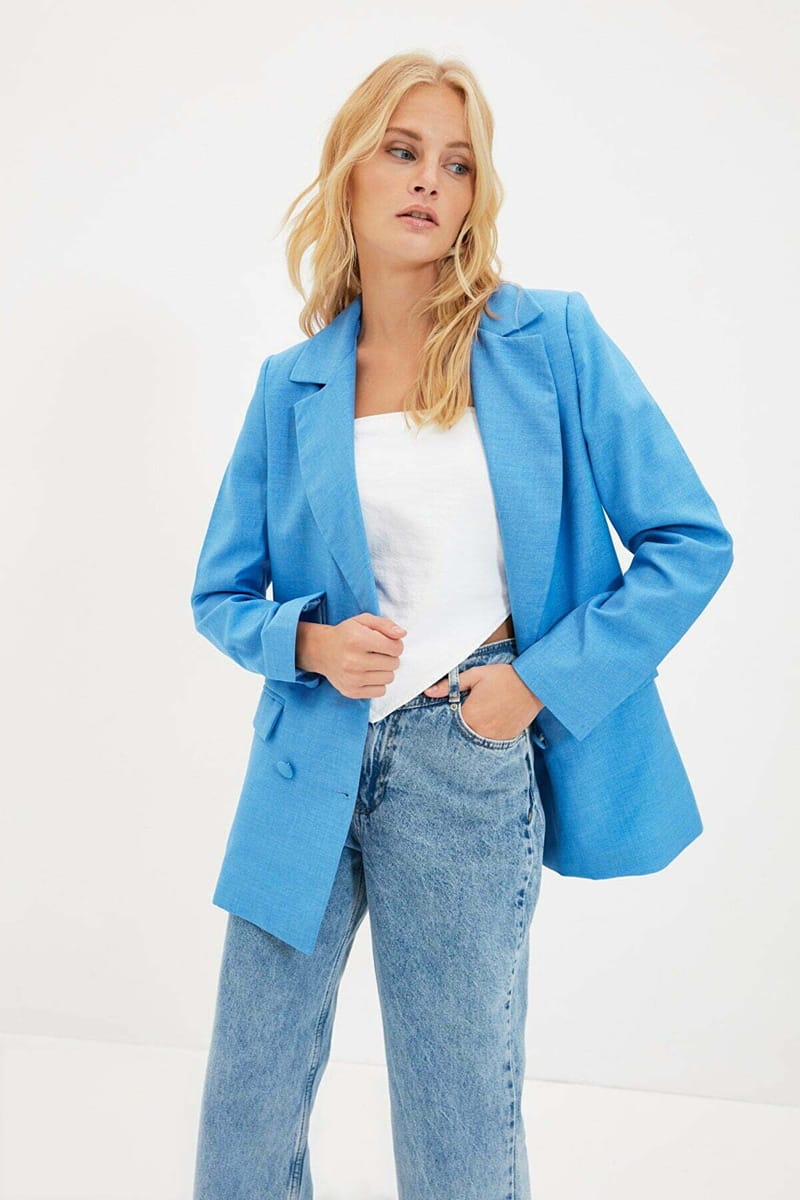 Sky Blue Button Detail Women's Blazer - Blazers & Coats 43