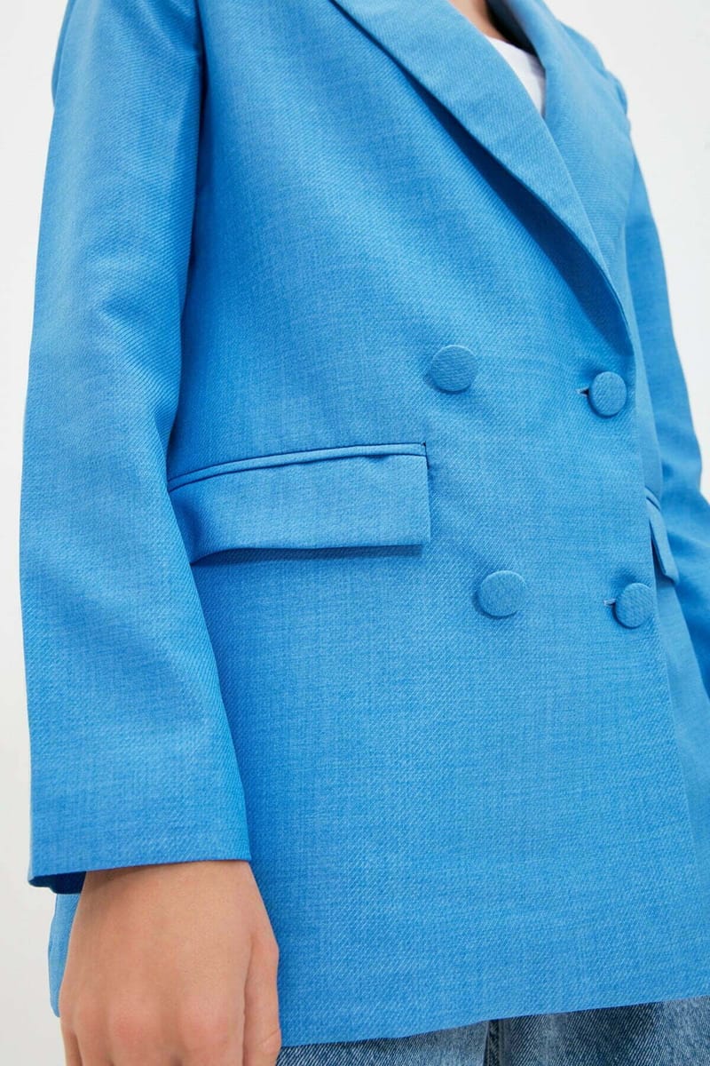 Sky Blue Button Detail Women's Blazer - Blazers & Coats 44