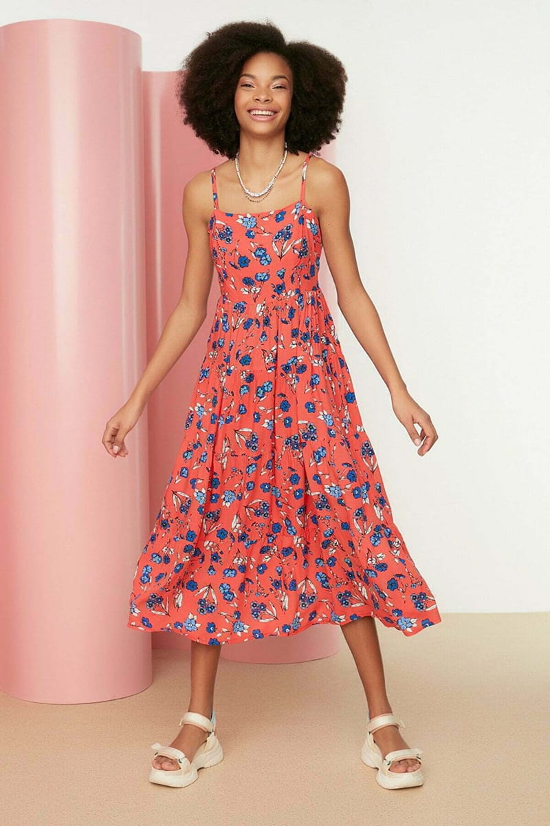 Red Floral Print Pleated Square Neck Sleeveless Women's Dress - Midi Dresses 23