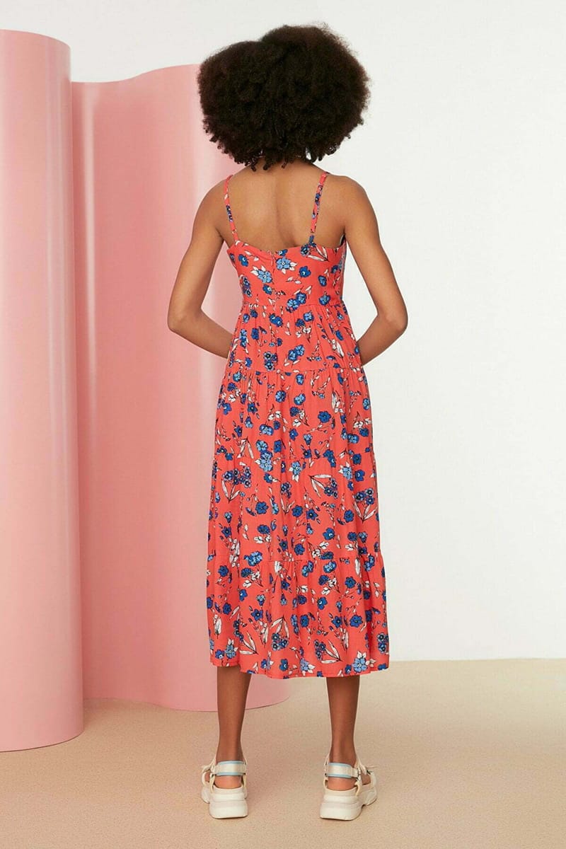 Red Floral Print Pleated Square Neck Sleeveless Women's Dress - Midi Dresses 24