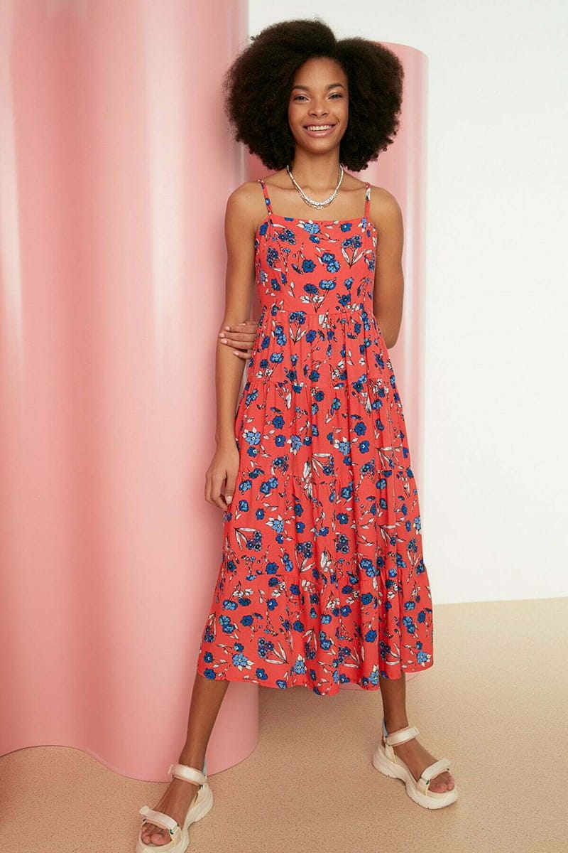 Red Floral Print Pleated Square Neck Sleeveless Women's Dress - Midi Dresses 20