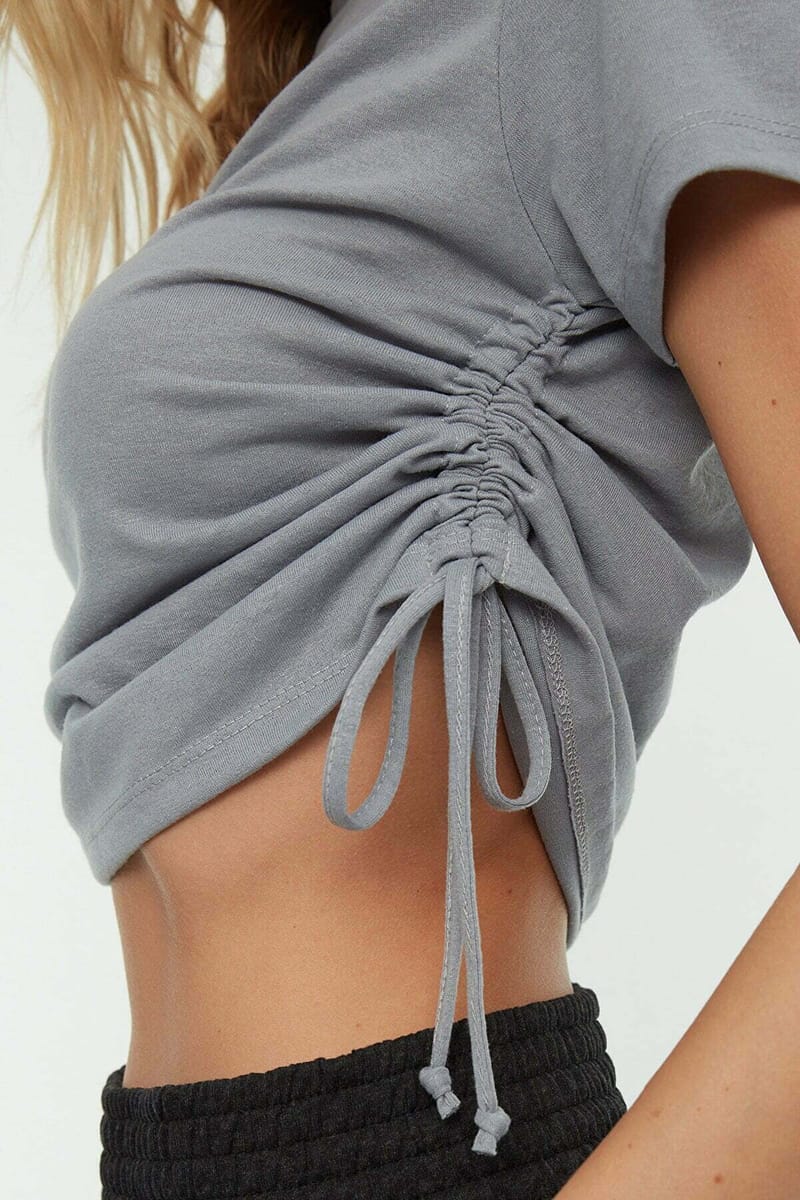 Grey Pleatable Crew Neck Knitted Women's T-Shirt - Cropped Tops 23