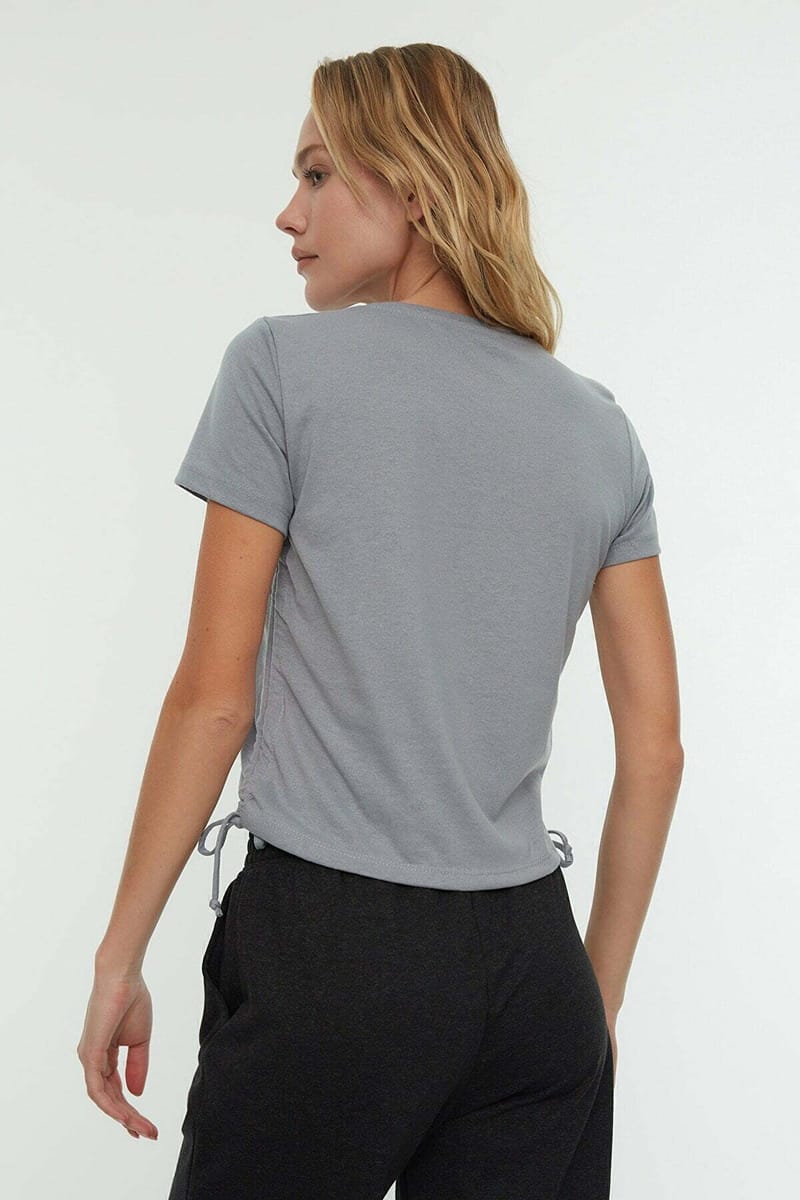 Grey Pleatable Crew Neck Knitted Women's T-Shirt - Cropped Tops 24