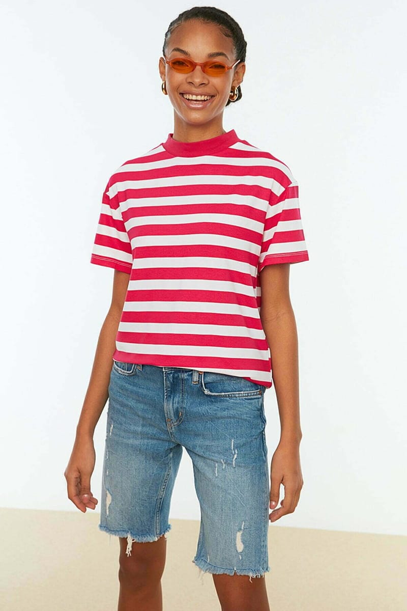 Striped Knitted T Shirt Trendyol - Women's Casual T-Shirt 35
