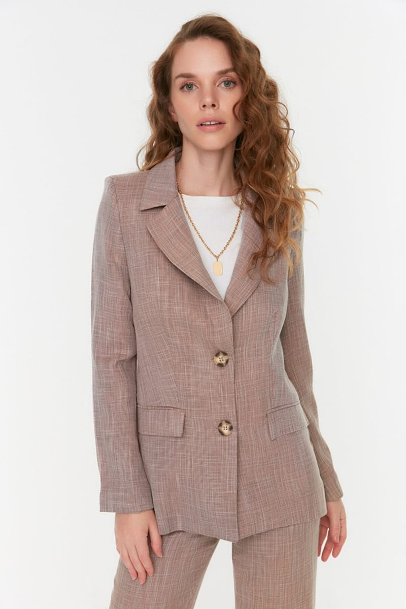 Brown Button Detail Women's Blazer - Blazers & Coats 32