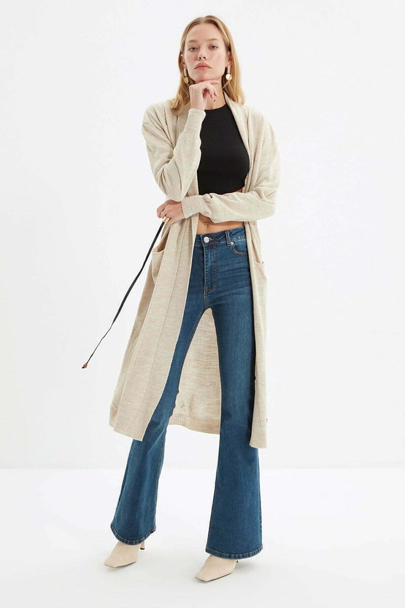 Beige Button Down Long Knitted Women's Cardigan - Cardigans 11