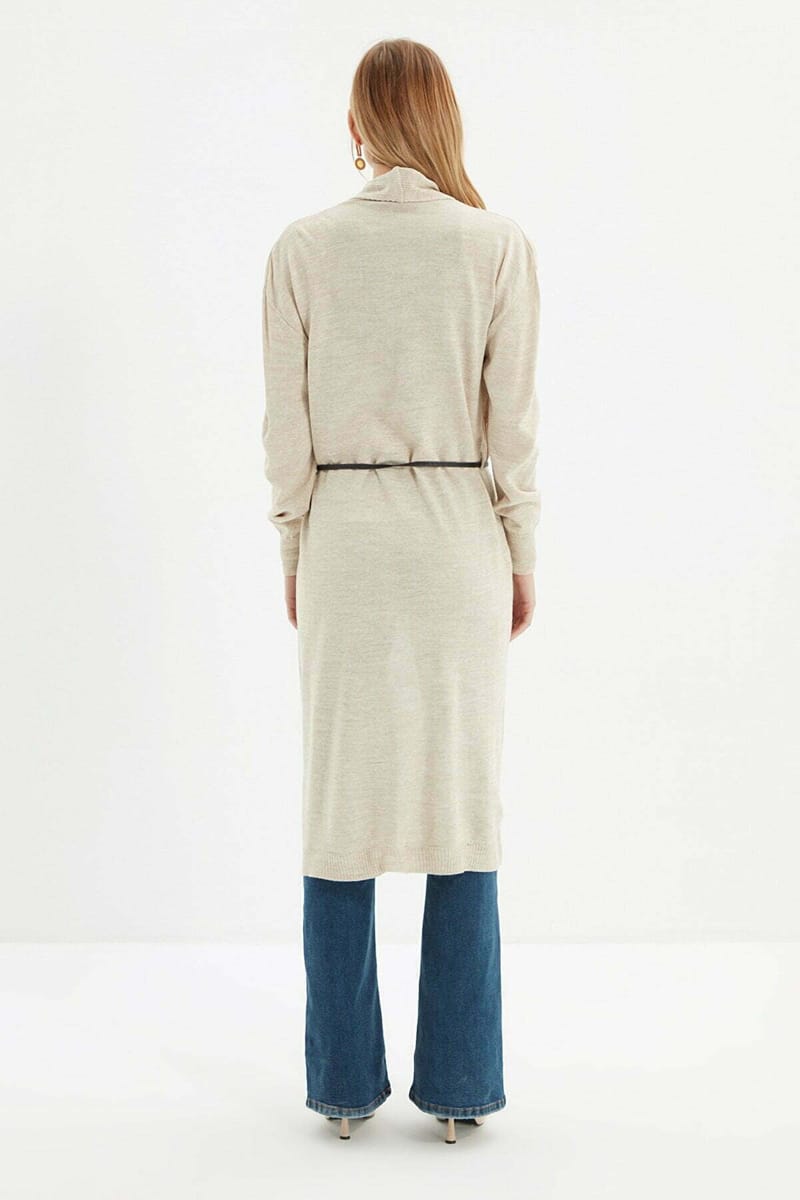 Beige Button Down Long Knitted Women's Cardigan - Cardigans 14