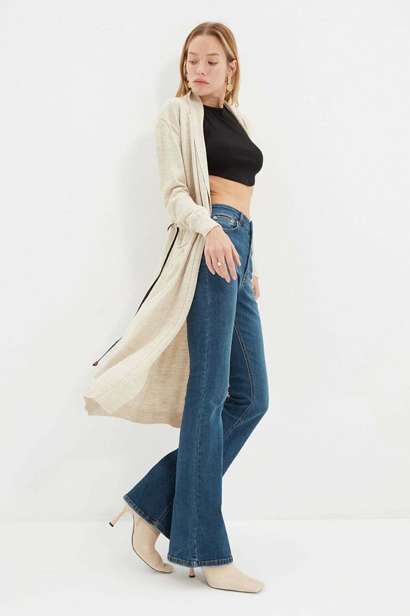 Beige Button Down Long Knitted Women's Cardigan - Cardigans 10