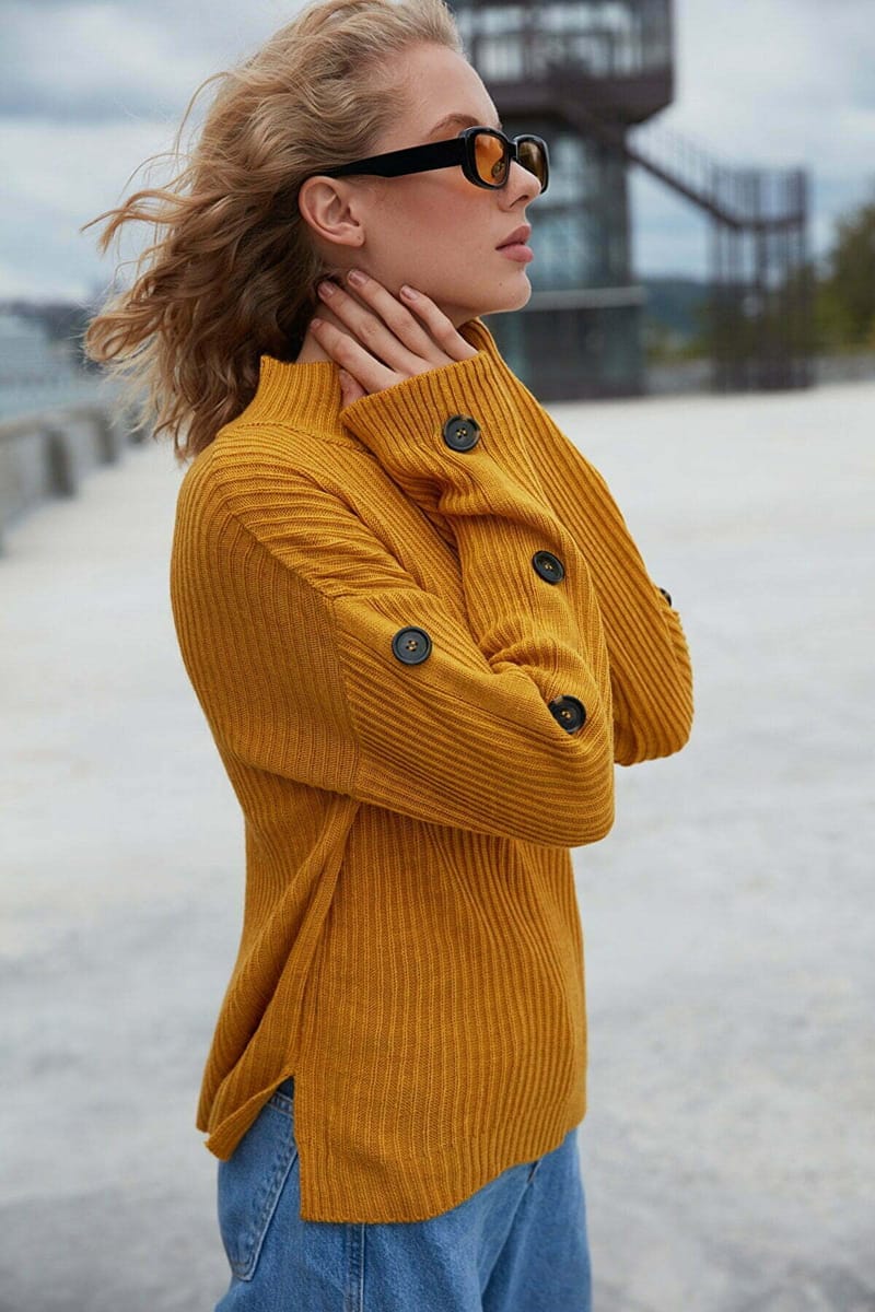 Yellow High Neck Knitted Embroidery Women's Sweater - Sweaters 16