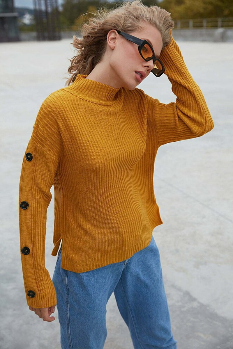 Yellow High Neck Knitted Embroidery Women's Sweater - Sweaters 15