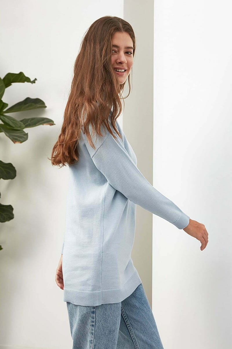 Blue Tunic High Neck Knitted Women's Sweater - Sweaters 16